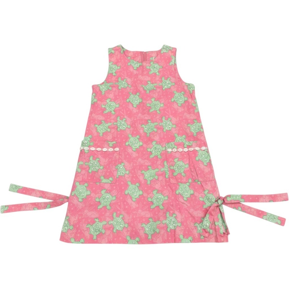 Lilly Pulitzer Shift Dress Kids 7 Pink Green Turtle Bunny Print Sleeveless Tie